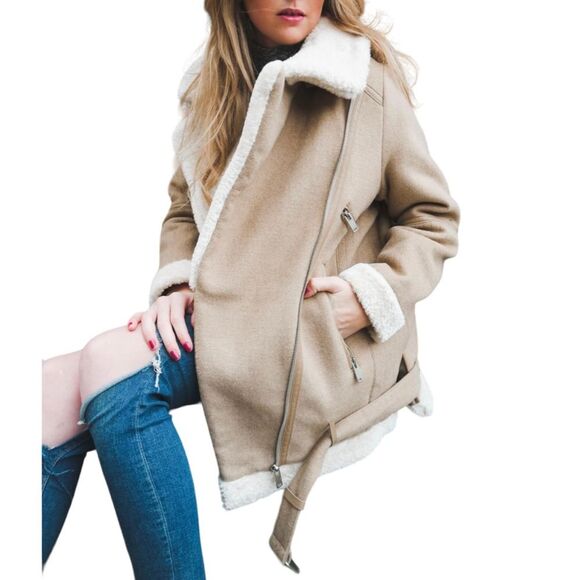Zara Basic Wool Sherpa Blend Long Sleeve Coat.  Tan/Cream. Medium. Streetwear. - Picture 4 of 16